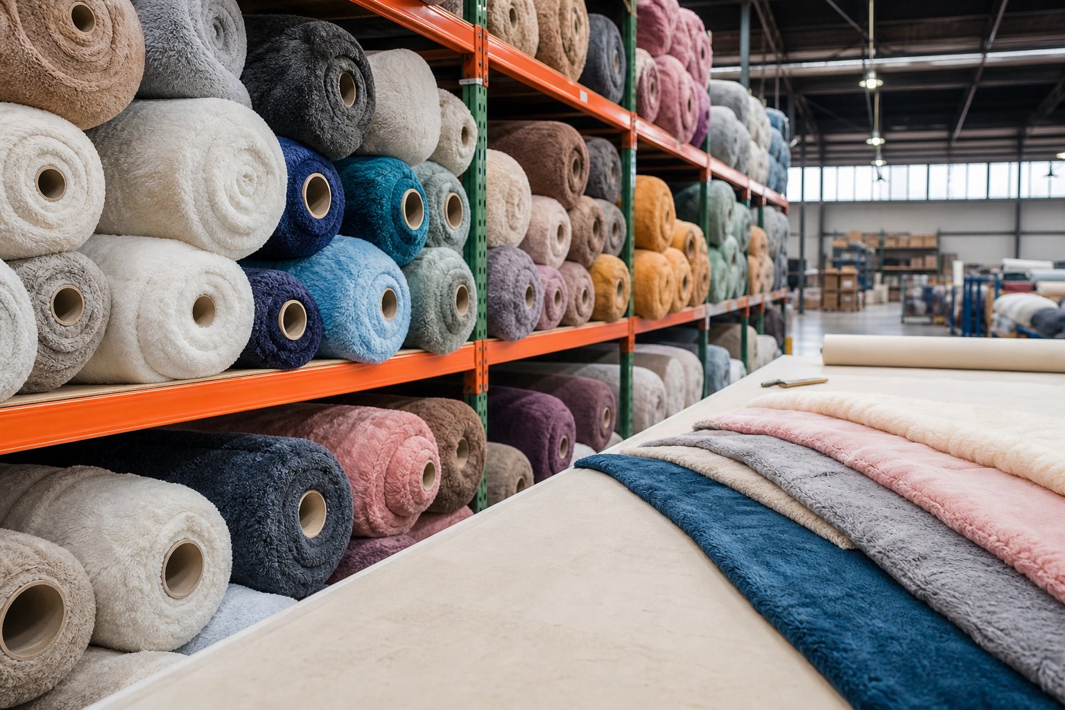 Rolls of plush fabric stacked in a textile warehouse aisle beside a cutting table