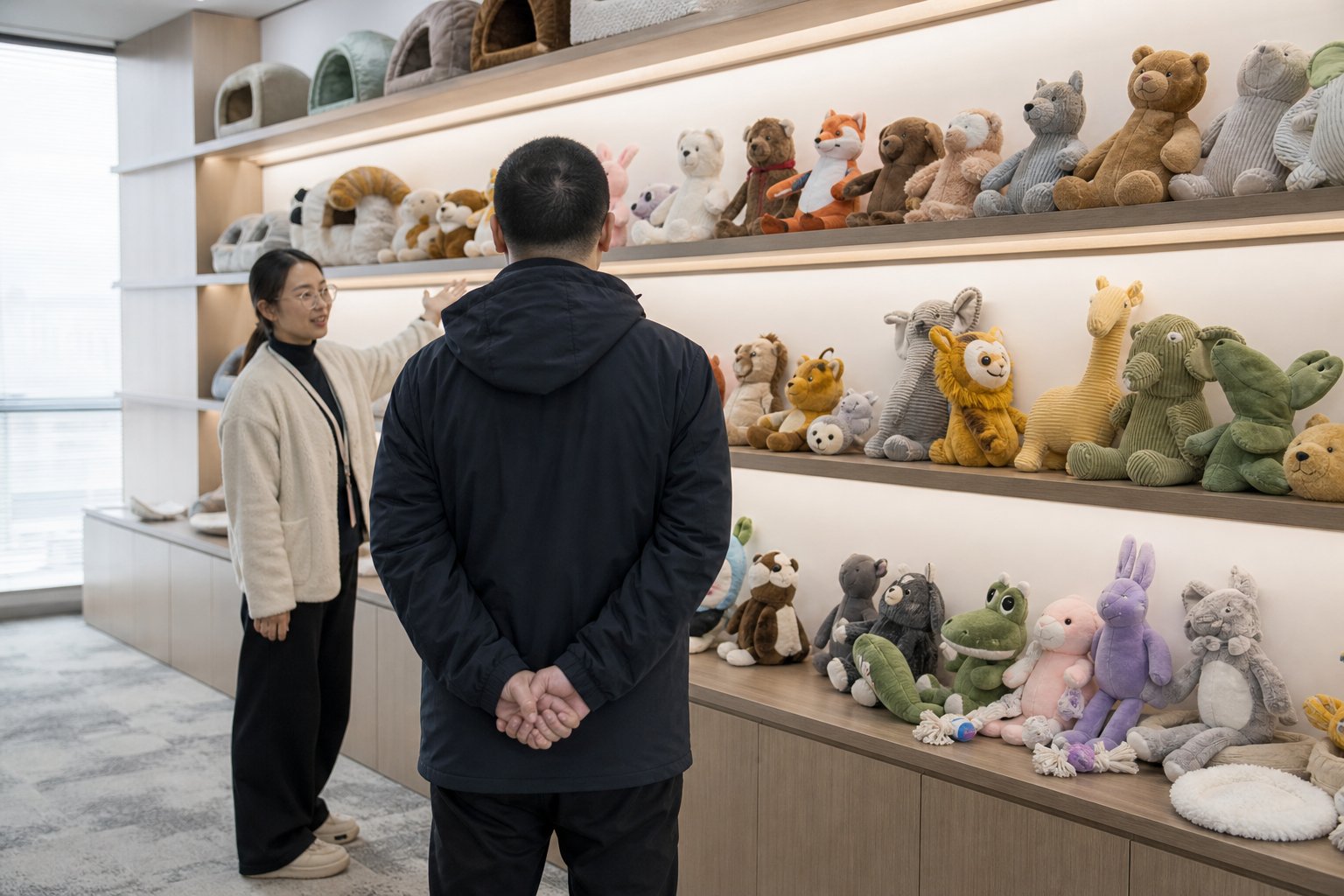 Visitor examining plush toys on a factory showroom wall, seen from behind