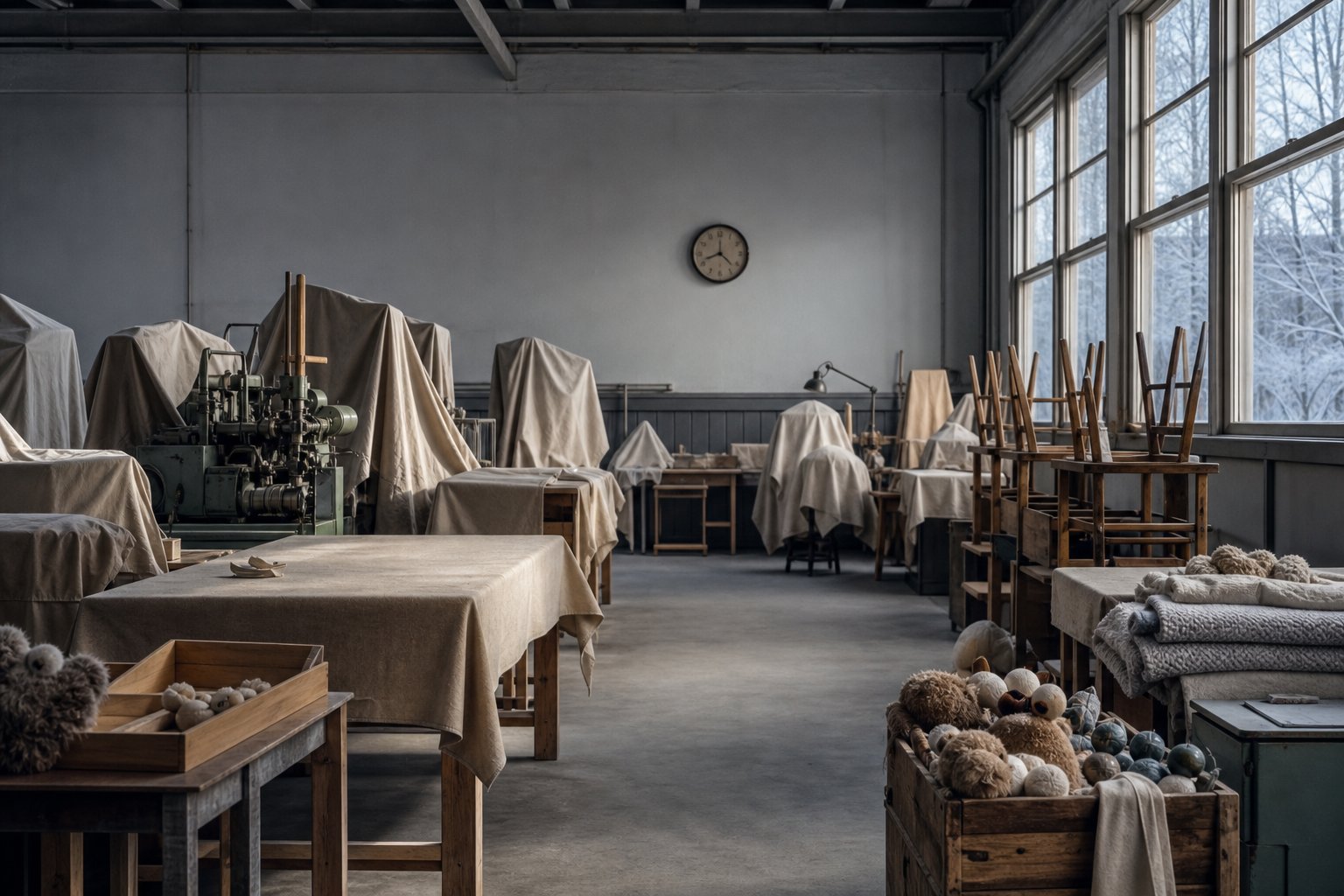 Quiet factory workshop with covered machines during the holiday shutdown