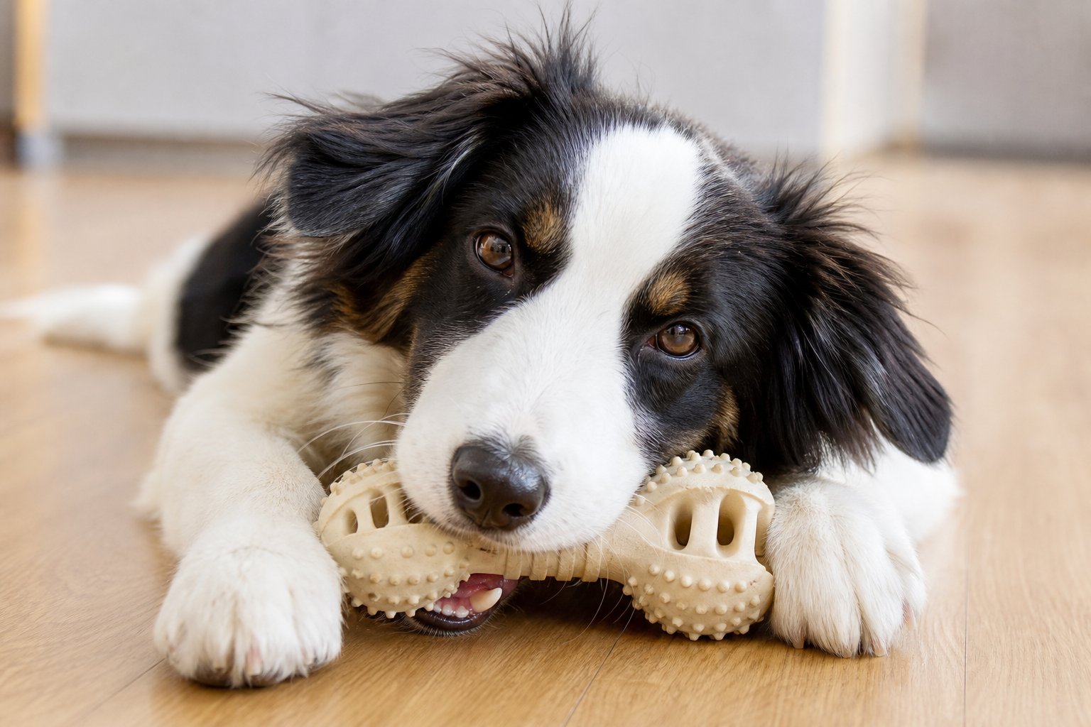 Power chewer dog gnawing a natural rubber chew toy