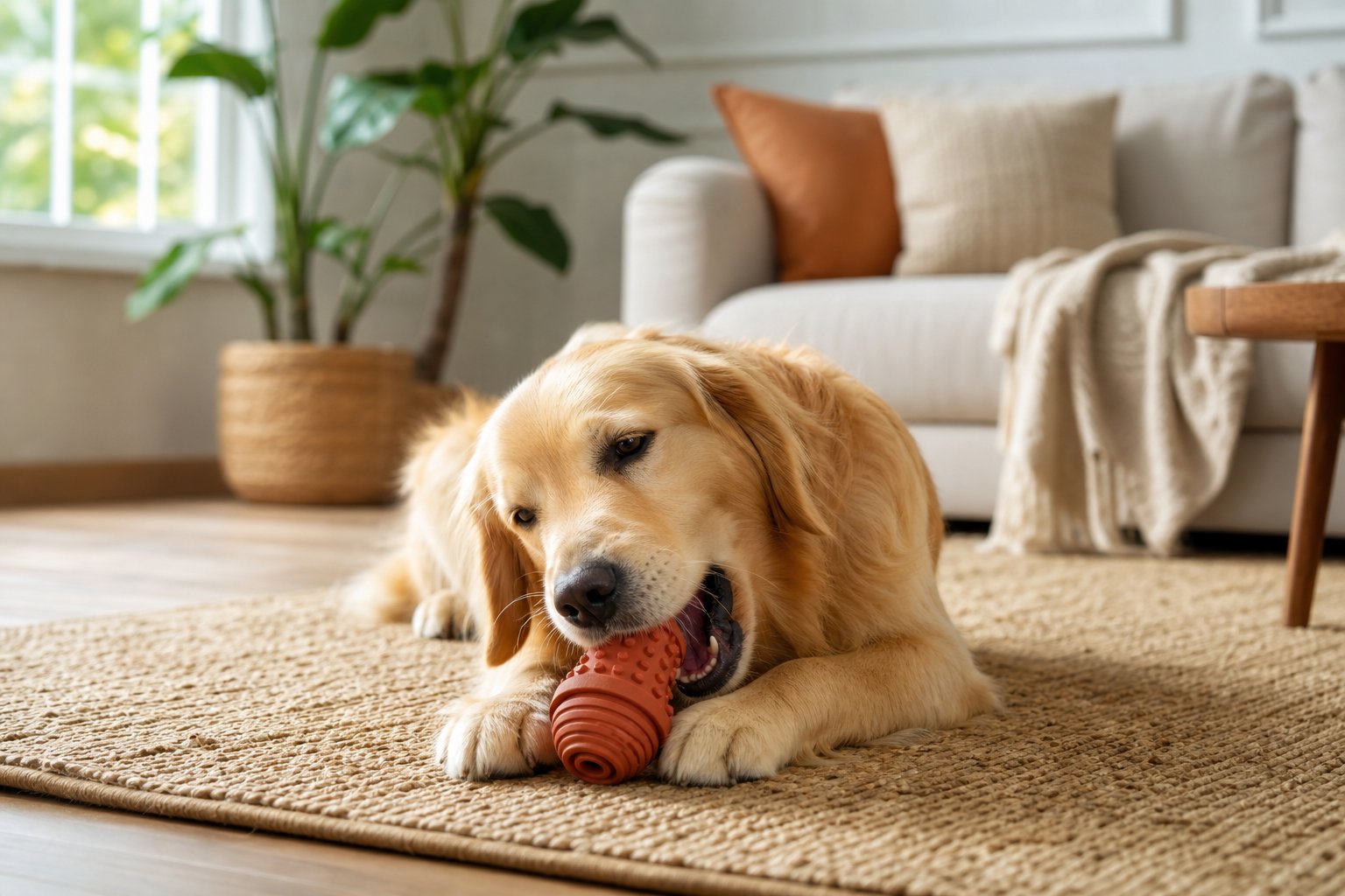 Dog chewing a natural rubber toy at home