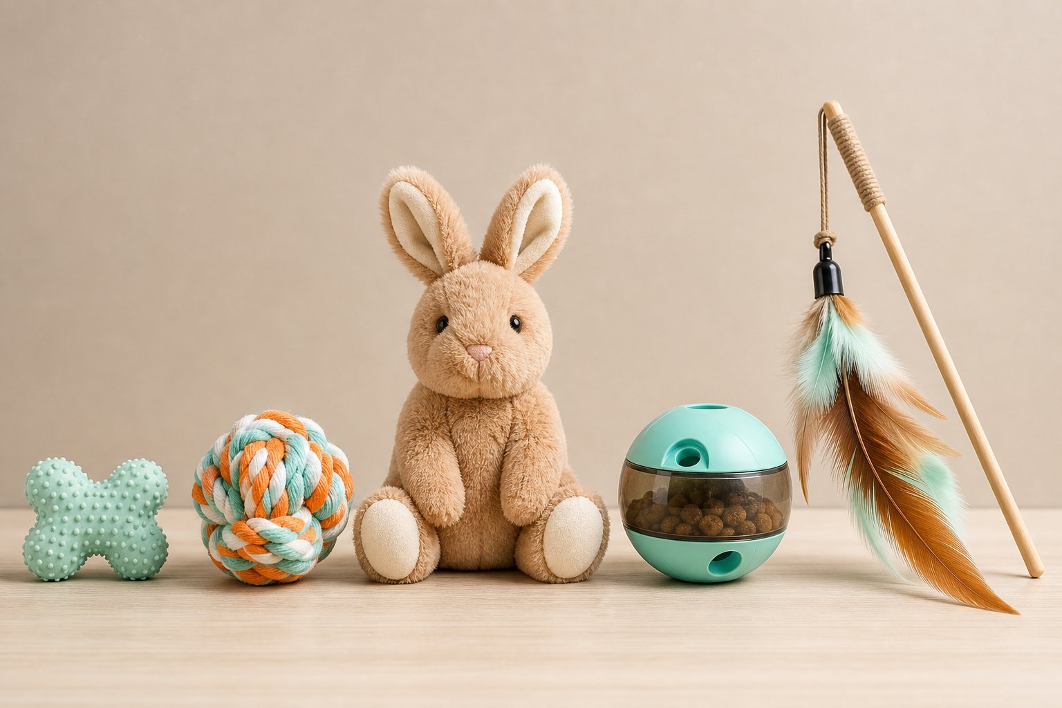Pet toy category wall with plush, rope and rubber toys